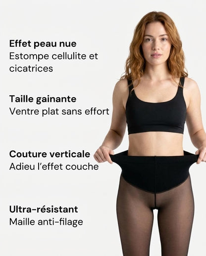 Collant polaire : effet peau nue, taille gainante, couture verticale, anti-filage