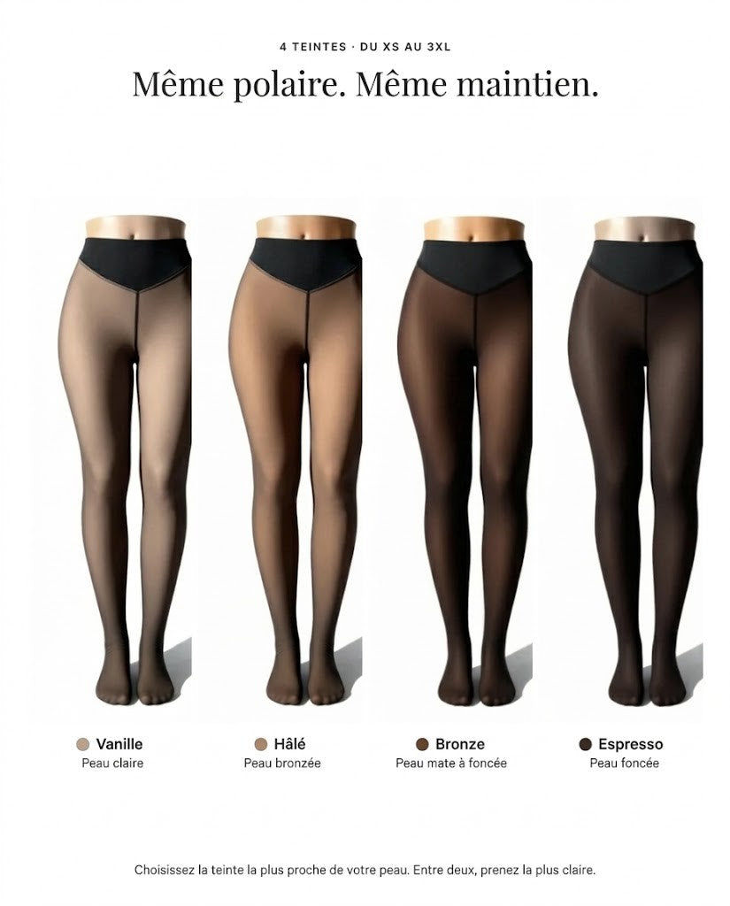 Les 4 teintes du collant polaire : Vanille, Hâlé, Bronze, Espresso