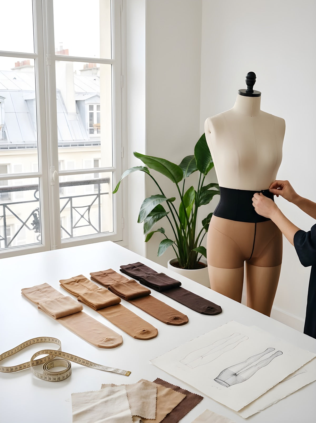 Atelier Sinella : collants polaires pliés dans les quatre teintes et mannequin de couture
